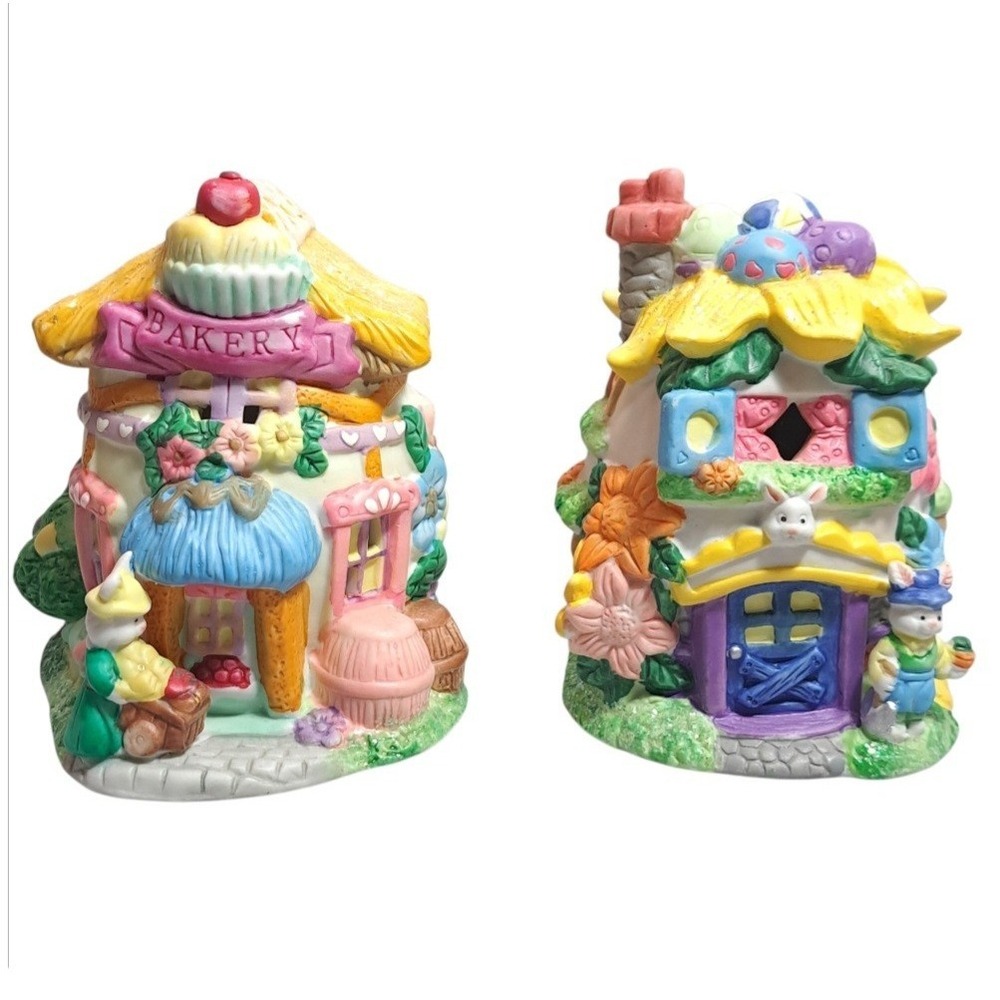 Set of 2 Hoppy‎ Hollow 2002 Easter Village Bakery Decor Multicolor Ceramic